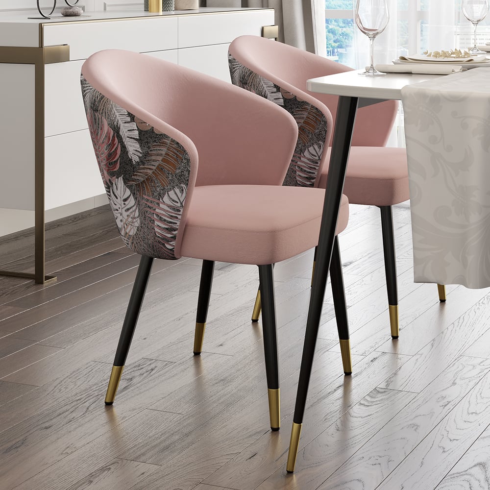 Upholstered Velvet Dining Chair Curved Back Modern Arm Chair Pink