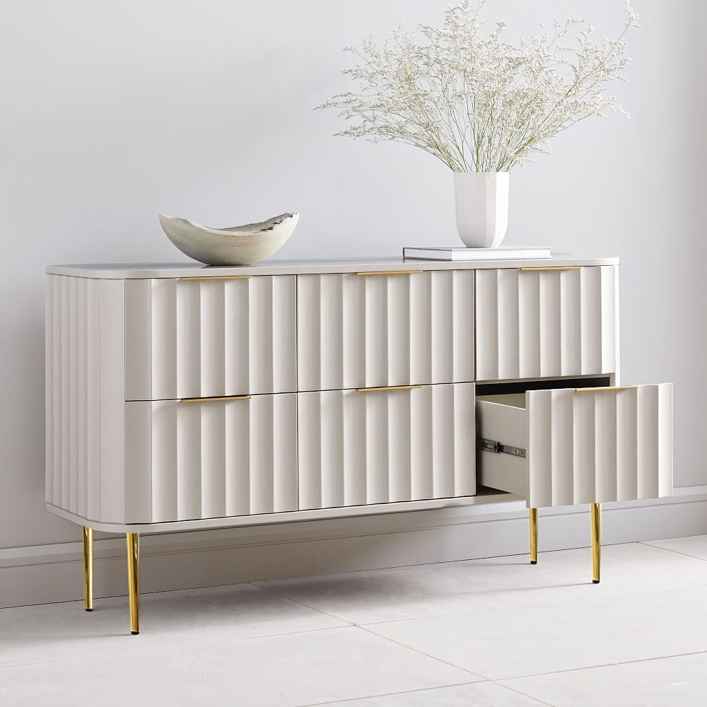 Nature-Inspired Horizontal Dresser Cabinet – 6 Drawer Bedside Storage with Gold Finish Gold & White