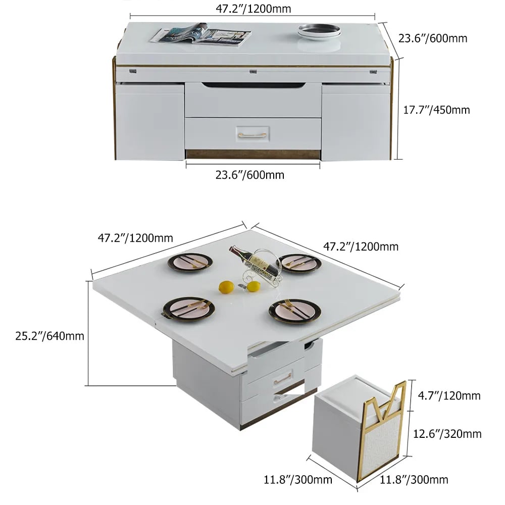 White Modern Lift Top Coffee Table Set with Storage & Stools Extendable Accent Table White