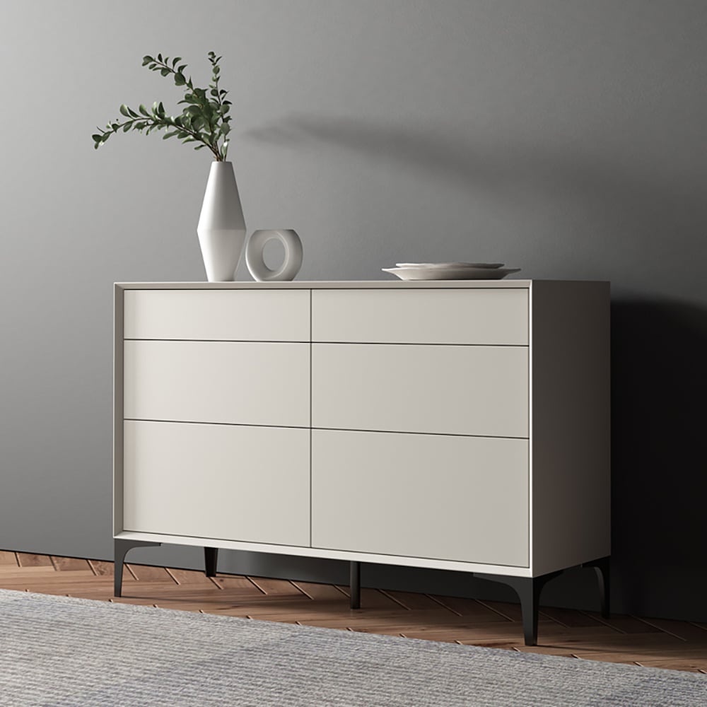 Minimalist Bedroom Dresser – 6 Drawer Horizontal Bedside Storage Off White