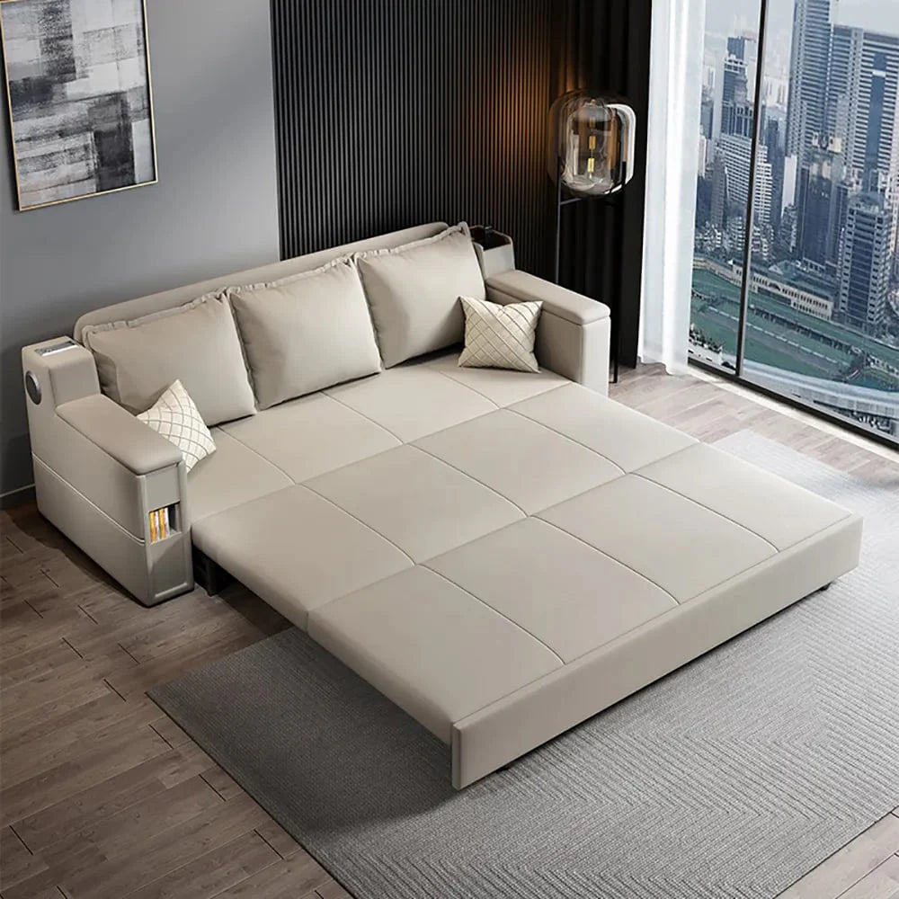 Convertible Bed Full Living Room Sleeper Sofa Leath-aire Upholstered Storage with Speaker Beige