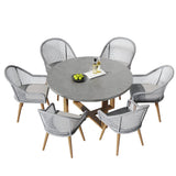 7 Pieces Teak Round Outdoor Concrete Dining Set with Gray Table Woven Armchair 6-Person Concrete Gray