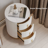 Modern Velvet Nightstand with Storage Sintered Stone Top Round Nightstand with 3 Drawers White