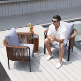 Modern Woven Rattan Outdoor Barrel Chair Armchair with Back Flared Edge in Brown & Gray Brown