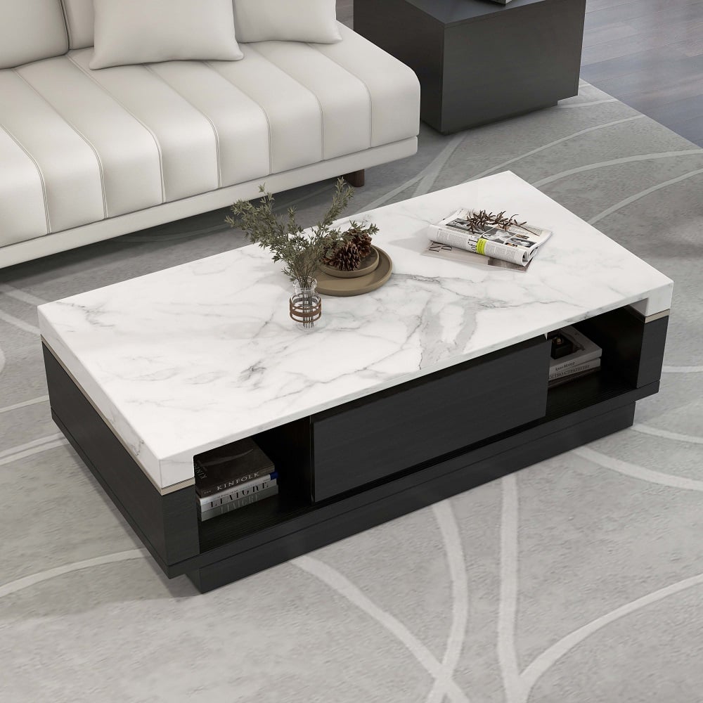 Modern Marble Coffee Table Black & White with Storage & Drawers in Wood White