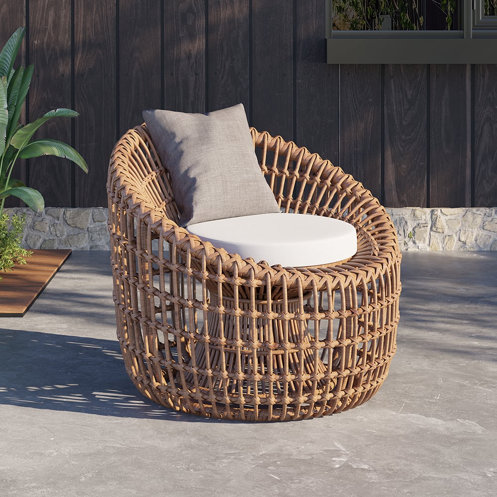 Austen Rattan Outdoor Barrel Chair Nest Shape Sidechair with Cushion in Brown Brown