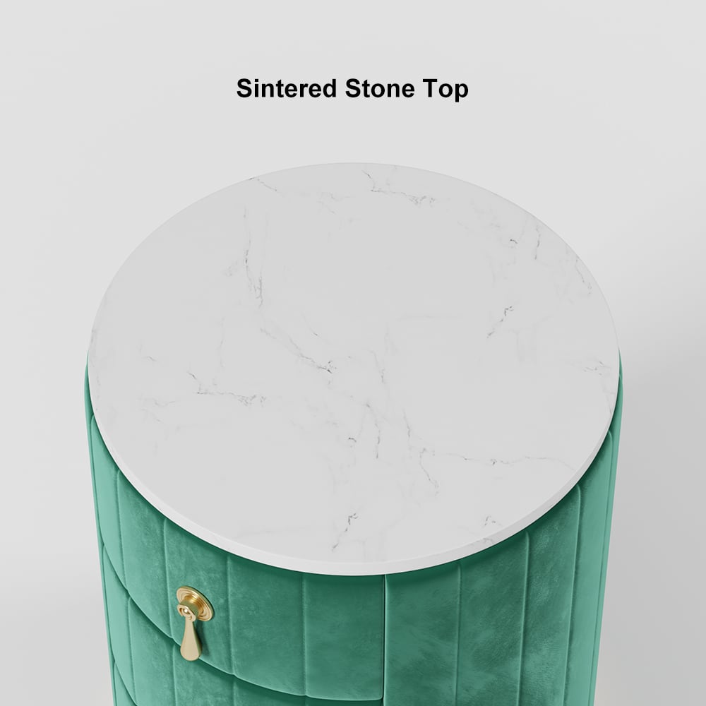 Modern Velvet Nightstand with Storage Sintered Stone Top Round Nightstand with 3 Drawers Green
