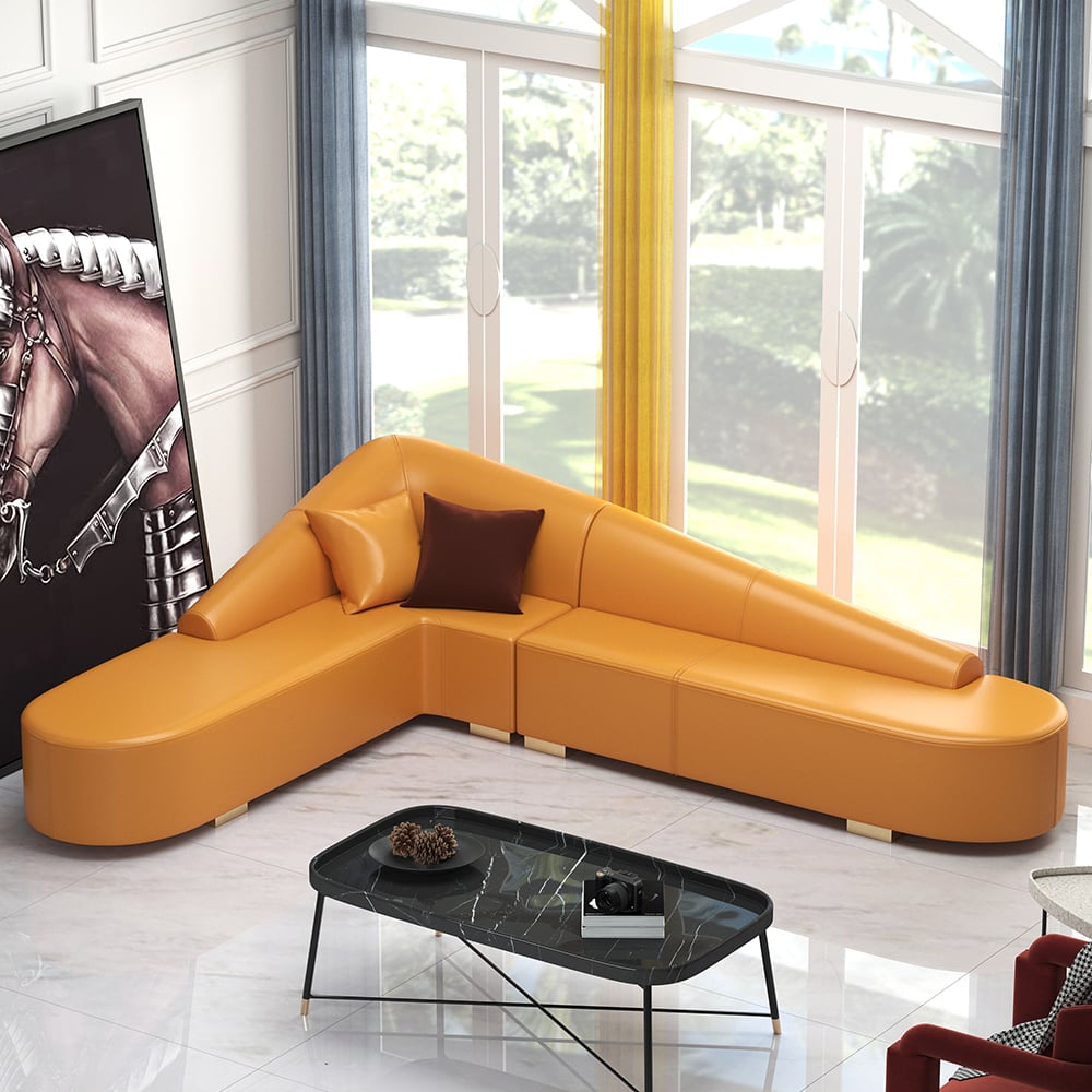 Modern L-Shaped Corner Sectional Sofa for Living Room Faux Leather Upholstery Orange