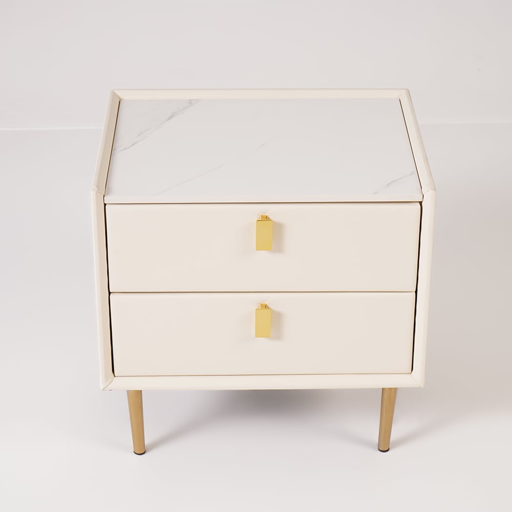 Modern Nightstand with 2 Drawers PU Leather Nightstand with Glod Legs White