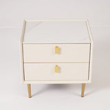 Modern Nightstand with 2 Drawers PU Leather Nightstand with Glod Legs White