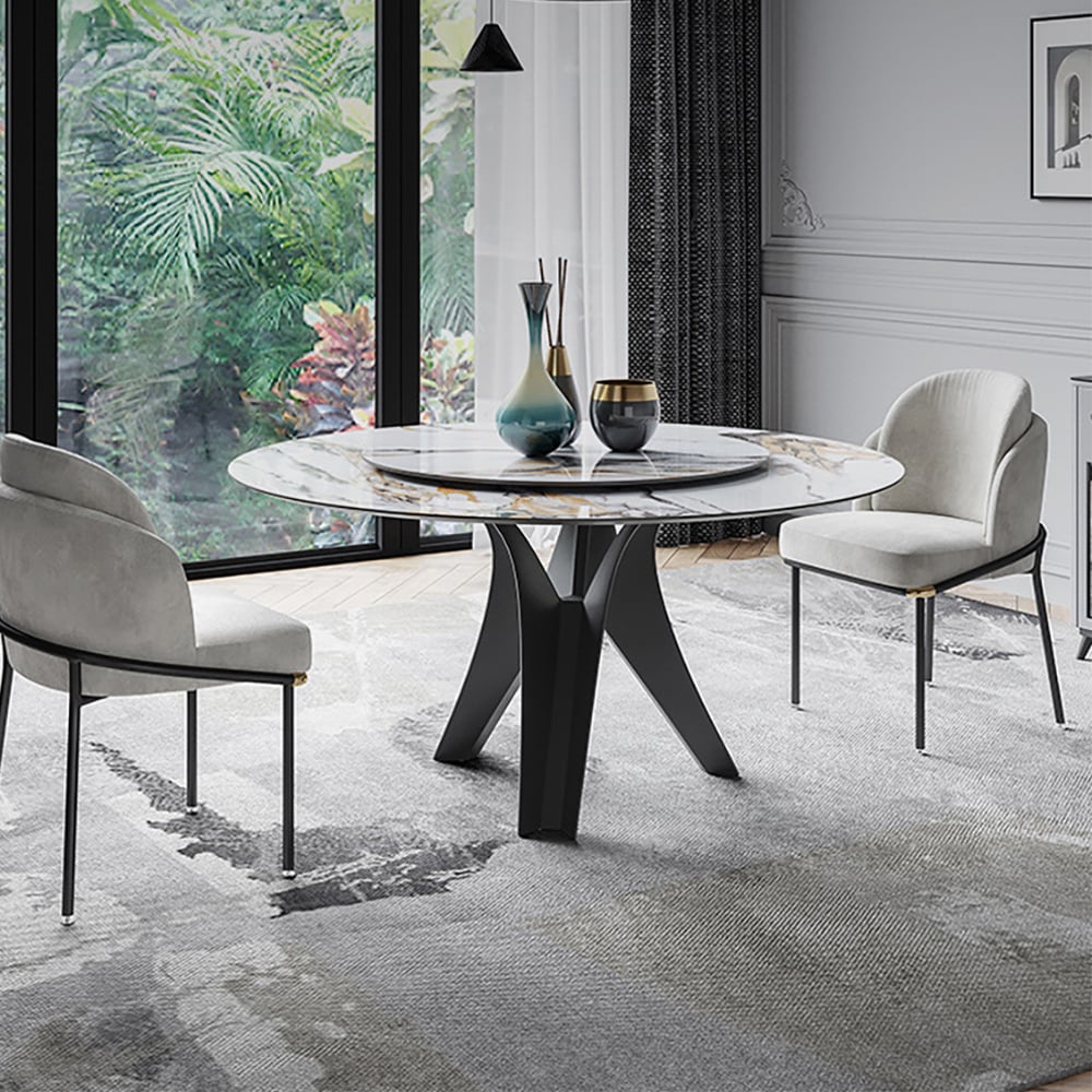 White & Black Sintered Stone Top Round Dining Table with Lazy Susan White