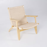 Japandi Solid Wood Outdoor Patio Lounge Chair Armchair Kraft Paper Rope Woven Seat Beige