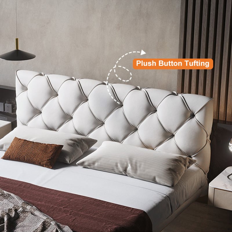 Modern King Floating Bed with Microfiber Upholstery Tufted Headboard in White White