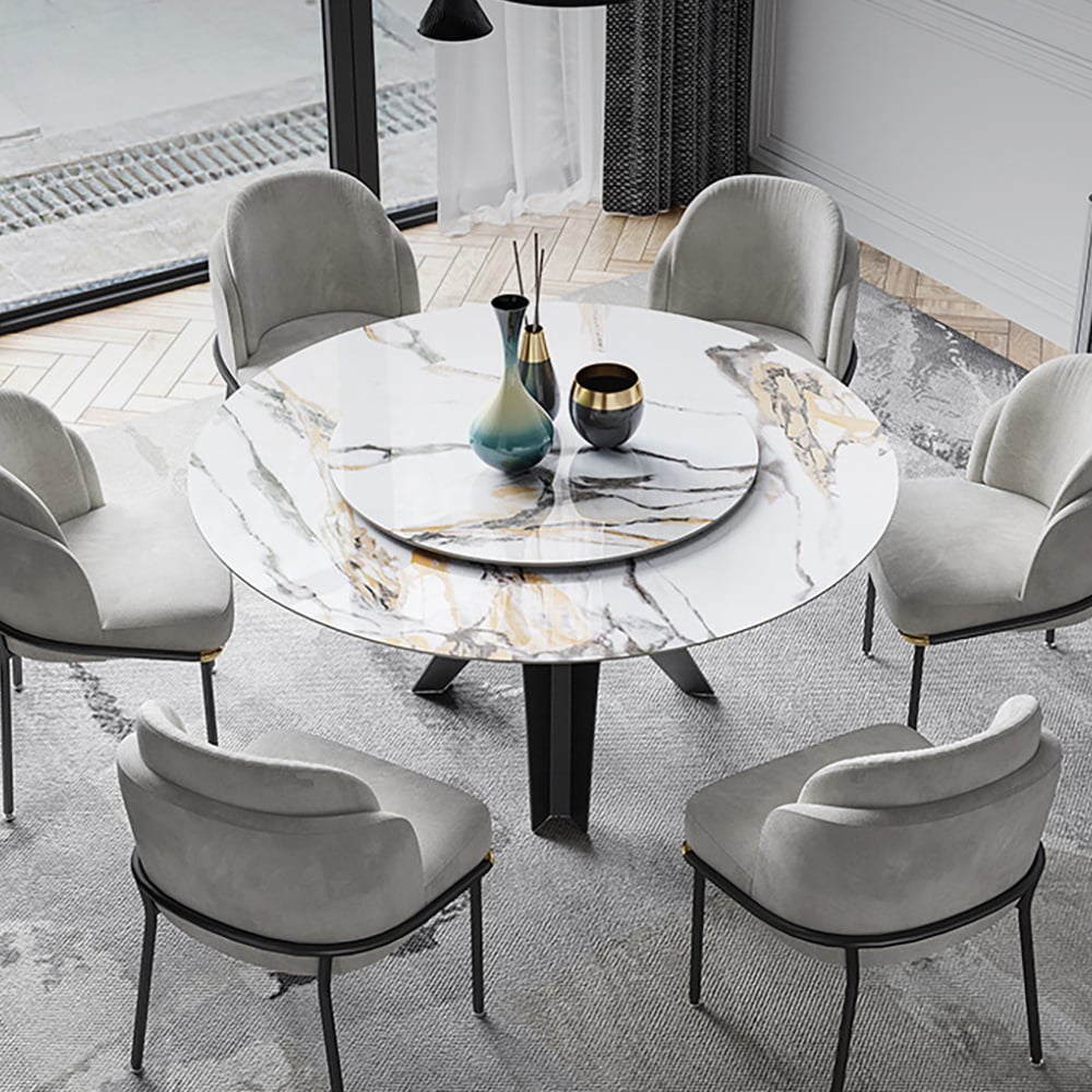 White & Black Sintered Stone Top Round Dining Table with Lazy Susan White