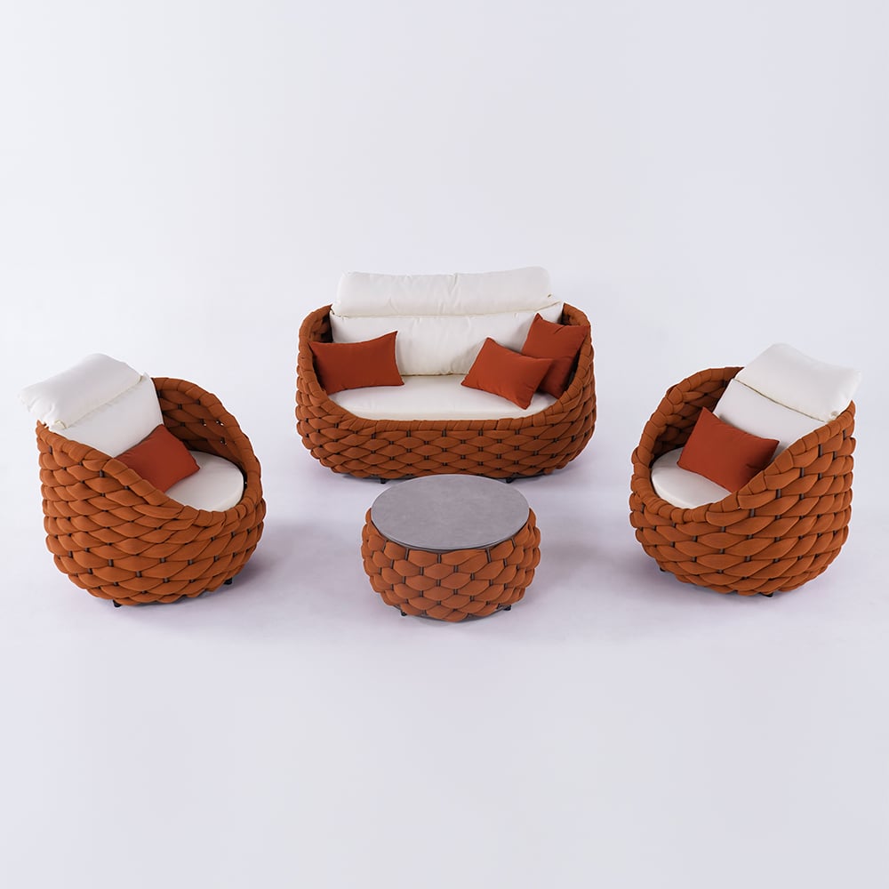 Tatta 4 Pieces Woven Rope Outdoor Swivel Sofa Set 360 Degree Rotatable with Coffee Table Brown
