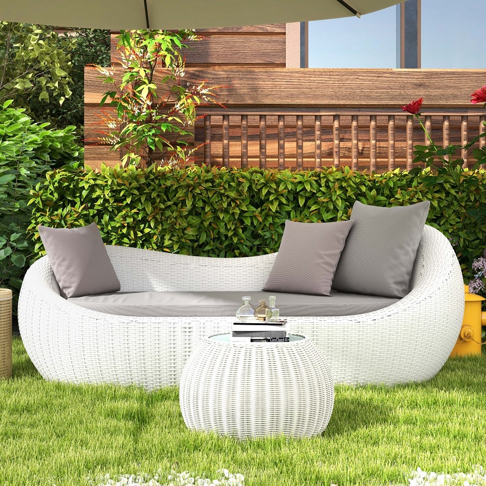 White Woven Rattan Round 75.2" Outdoor Sofa with Cushion & Pillow and Curved Back White