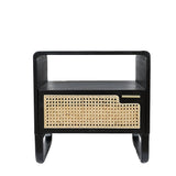 Minimalist Black Nightstand Rattan Woven Bedside Table with 1 Drawer Black