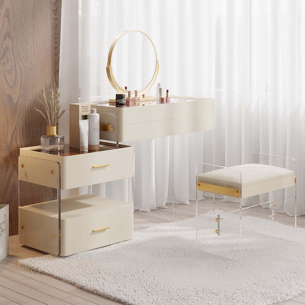 Modern Makeup Vanity with Tempered Glass Top and Stool Off-White