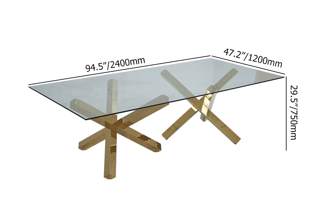Modern Glass Dining Table with Double Pedestal in Gold Gold