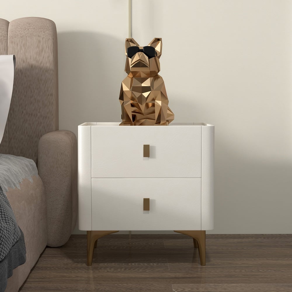 Modern Nightstand 2-Drawer Bedside Cabinet with Sintered Stone Top Off-White