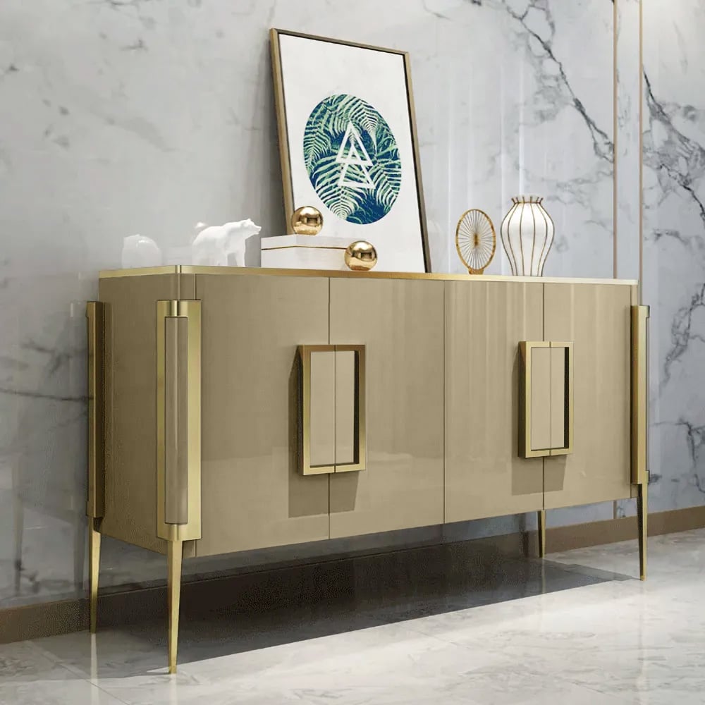 Vectic Modern Gold Sideboard Buffet Tempered Glass Top with 4 Doors & 4 Shelves Gold