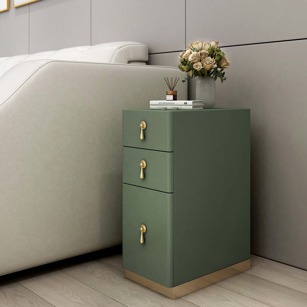 3-Drawer Modern Nightstand Narrow Bedside Table with Faux Leather Upholstery Green