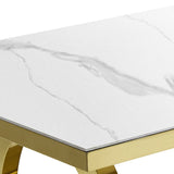 Modern Rectangle White Dining Table Sintered Stone Top Stainless Steel Base in Gold Gold