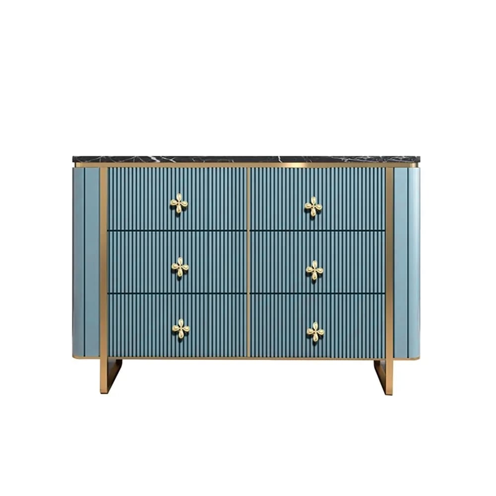 Solid Wood 6 Drawer Dresser Cabinet with Faux Marble Top and Gold Petal Pulls Blue