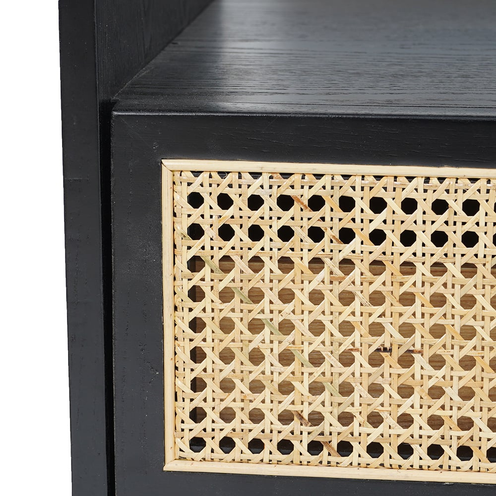 Minimalist Black Nightstand Rattan Woven Bedside Table with 1 Drawer Black