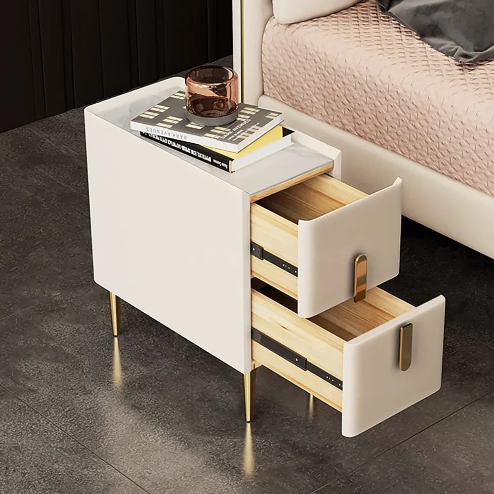 Inarrow Modern Shagreen Nightstand Bedside Table with 2 Drawers in Gold Legs Beige