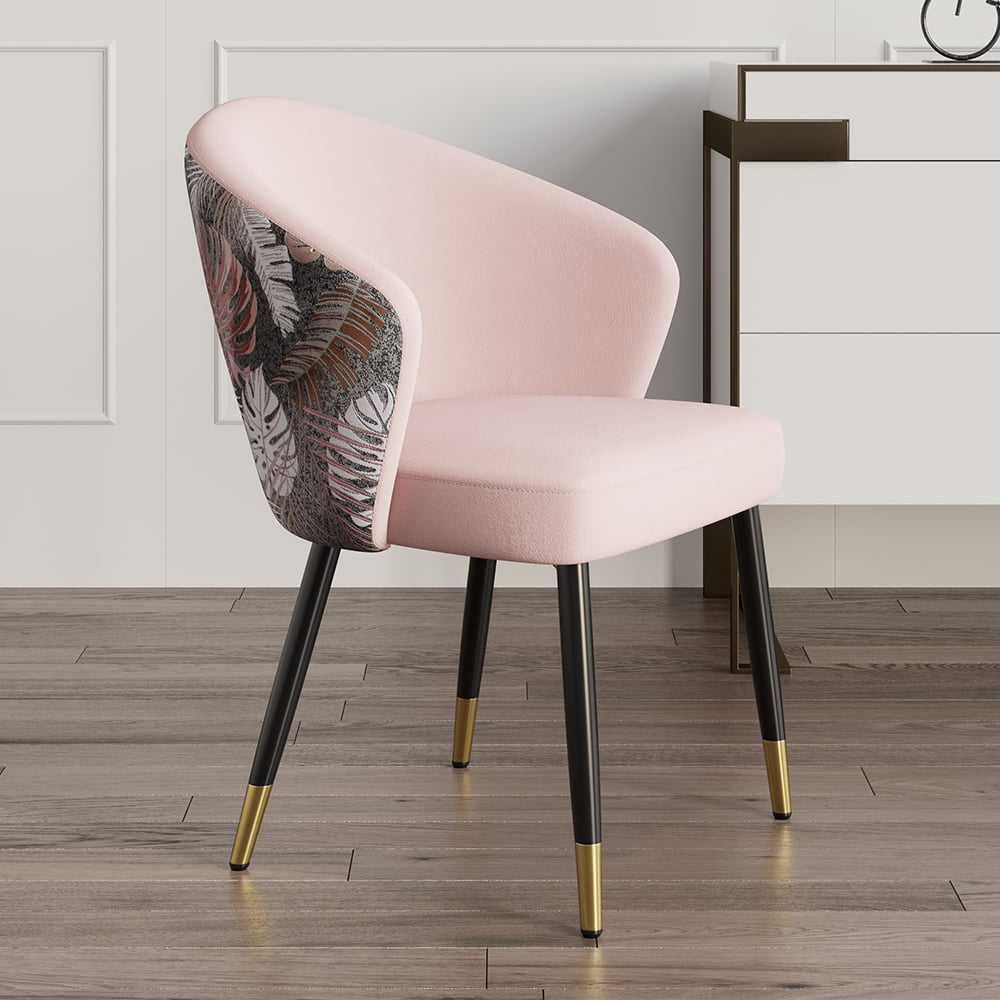 Upholstered Velvet Dining Chair Curved Back Modern Arm Chair Pink