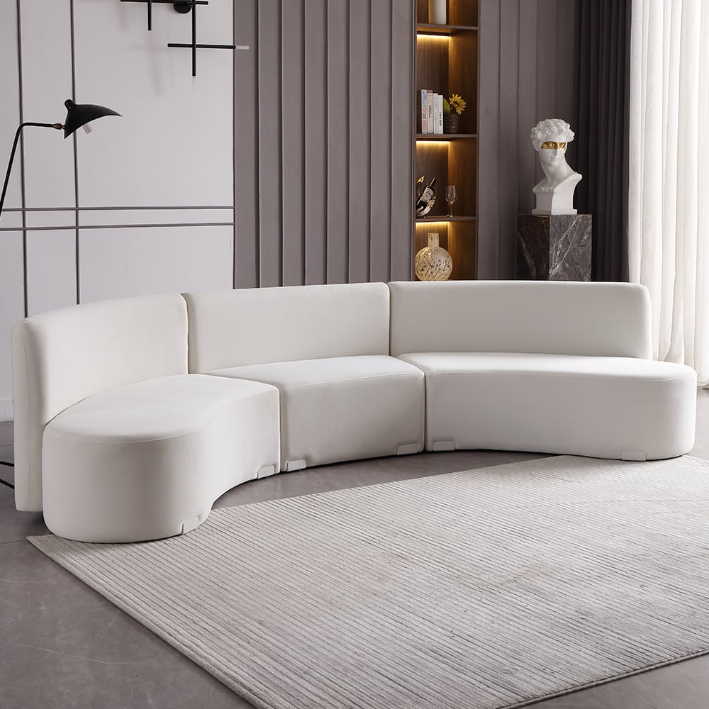 Modern White Curved Sectional Floor Sofa Velvet Upholstery for Living Room White