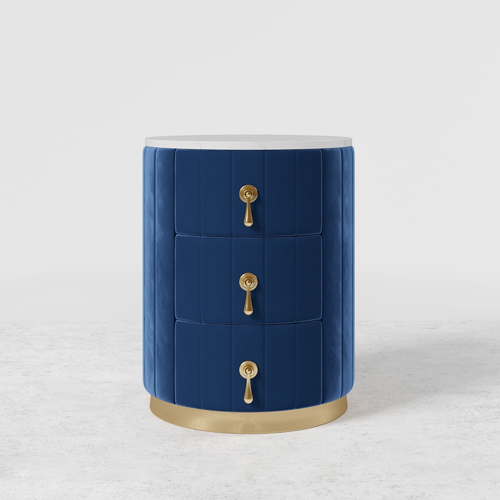 Modern Velvet Nightstand with Storage Sintered Stone Top Round Nightstand with 3 Drawers Blue