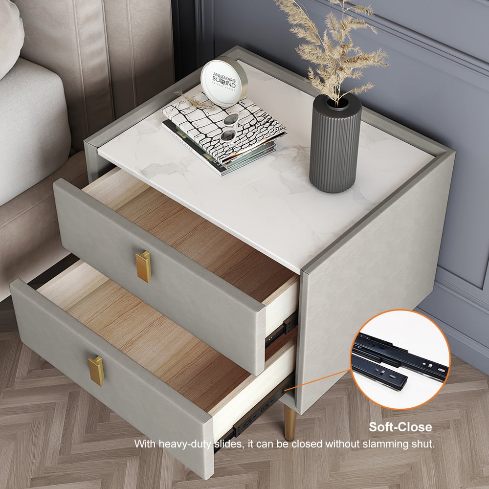 Modern Nightstand with 2 Drawers PU Leather Nightstand with Glod Legs Light Gray