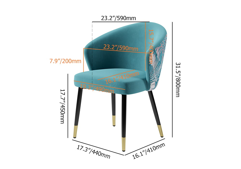 Upholstered Velvet Dining Chair Curved Back Modern Arm Chair Greenish Blue