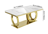 Modern Rectangle White Dining Table Sintered Stone Top Stainless Steel Base in Gold Gold