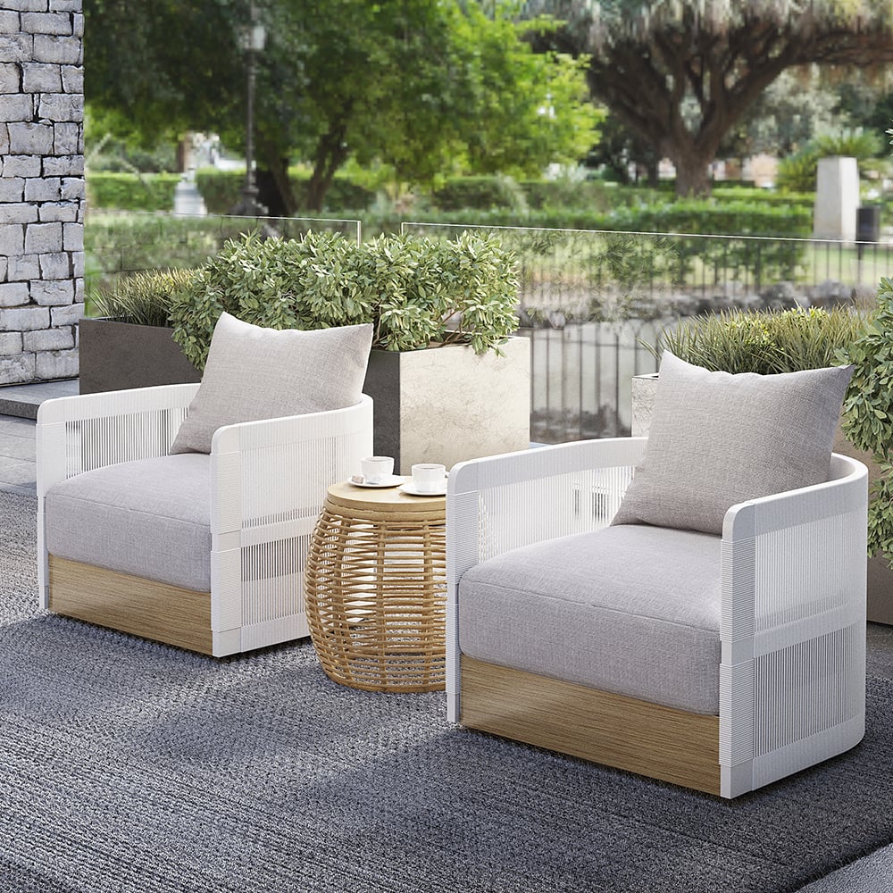 White Black Woven Rope Outdoor Swivel Chair Sofa 360 Degree Rotatable Coastal Patio Armchair White