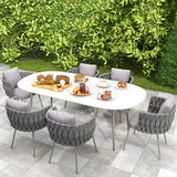 7 Pieces Outdoor Dining Set with Oval Faux Marble Top Table and Rope Woven Armchair Oval