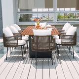 9 Pieces Outdoor Patio Dining Set for 8 Person with Rectangle Teak Table & Rattan Chairs Complete Set