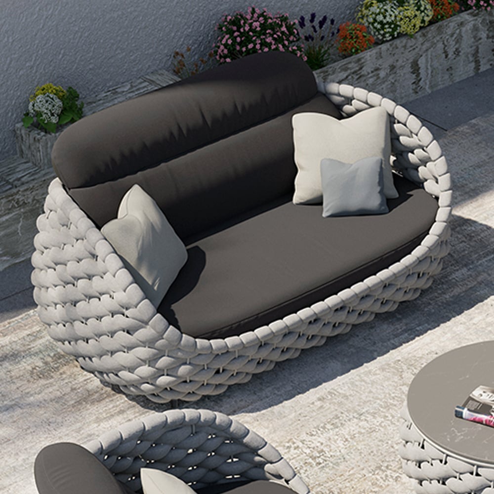 Tatta 2-Seater Woven Rope Outdoor Sofa Patio Loveseat Removable Cushion Gray & Black Gray