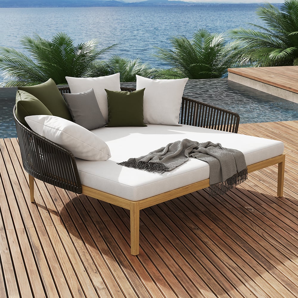 Modern Style Rattan Outdoor Daybed with Cushion Pillow in White White & Coffee