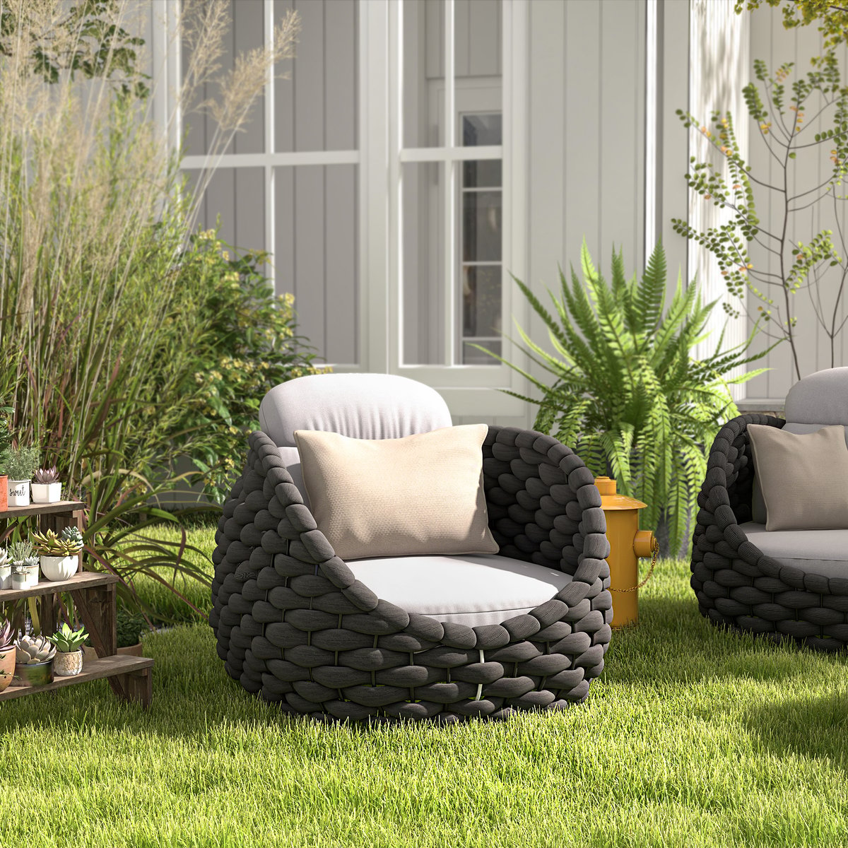 Tatta Modern Outdoor Swivel Chair 360 Degree Rotatable Gray Woven Rope Armchair Sofa Gray & Black