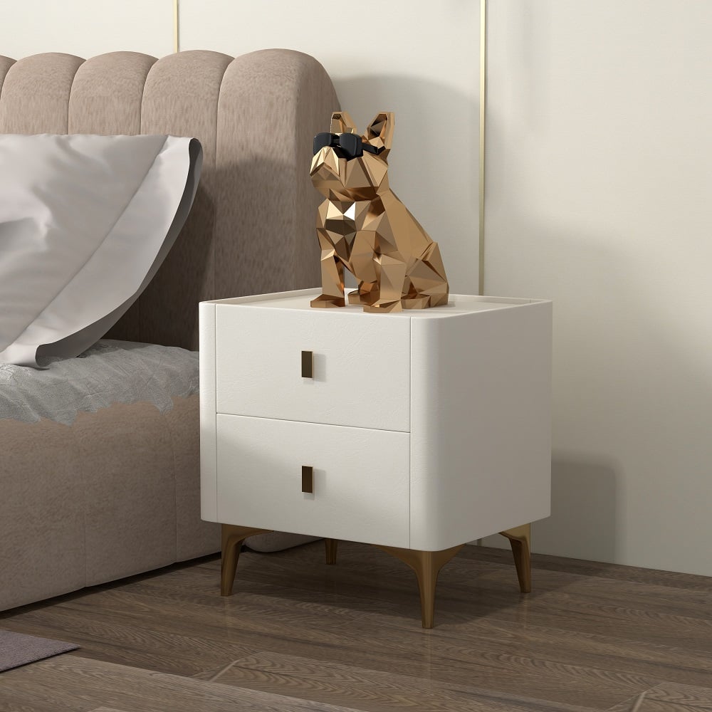 Modern Nightstand 2-Drawer Bedside Cabinet with Sintered Stone Top Off-White