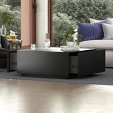 Japandi Square Coffee Table with 4 Drawers Storage & Wooden Pedestal Black