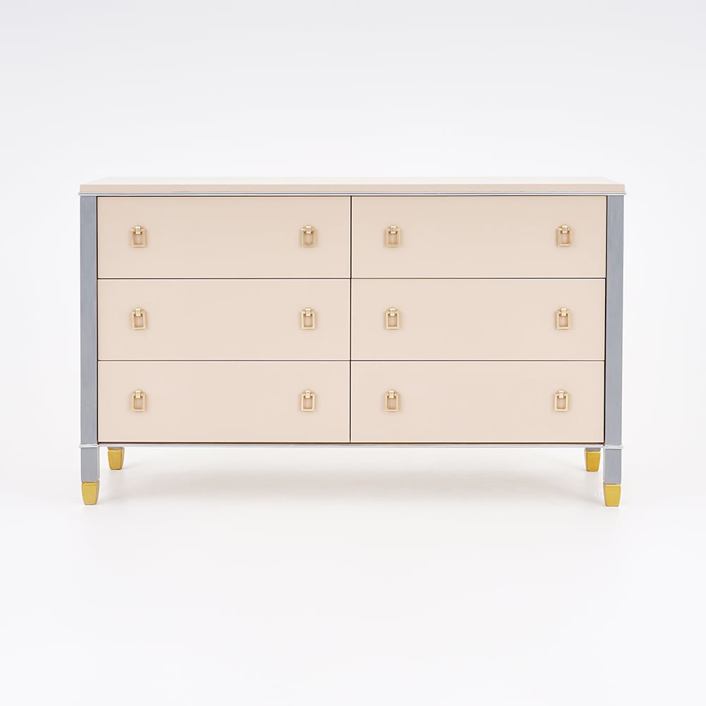 Solid Wood Dresser with Brass Accents – 6 Drawer Bedside Cabinet Champagne