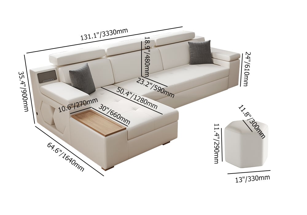 Sleeper Sectional Storage Sofa Pull Out Bed Headrest Adjustable with USB & Speaker White