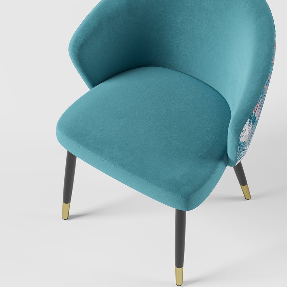 Upholstered Velvet Dining Chair Curved Back Modern Arm Chair Greenish Blue