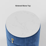 Modern Velvet Nightstand with Storage Sintered Stone Top Round Nightstand with 3 Drawers Blue