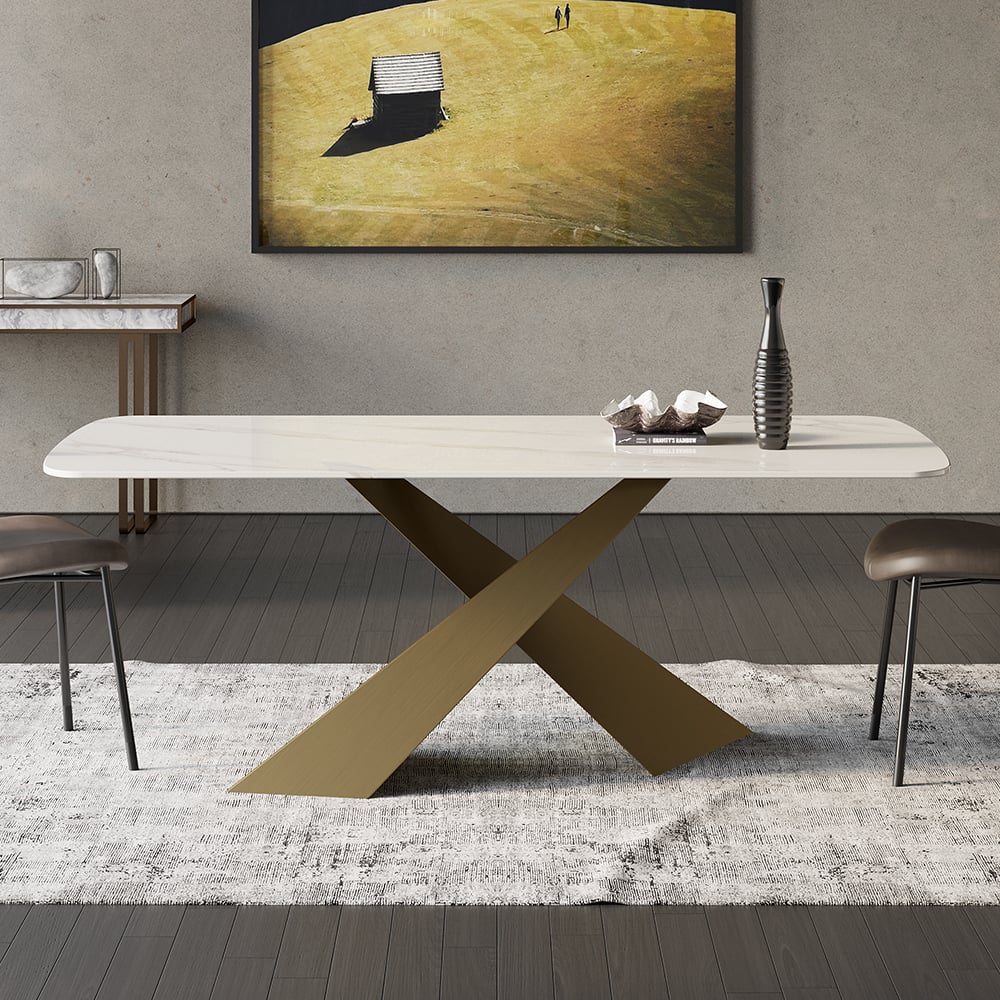 White Sintered Stone Top Rectangle Modern Dining Table Antique Brass X-Base 63"L x 31.5"W x 29.5"H