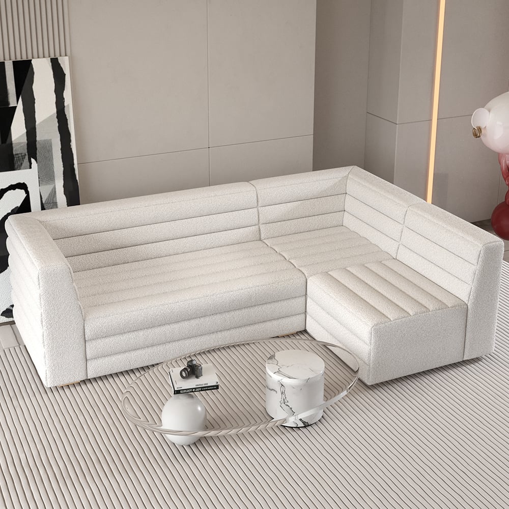 Modern L-Shaped Boucle Modular Sectional Sofa & 4-Seater Sofa White